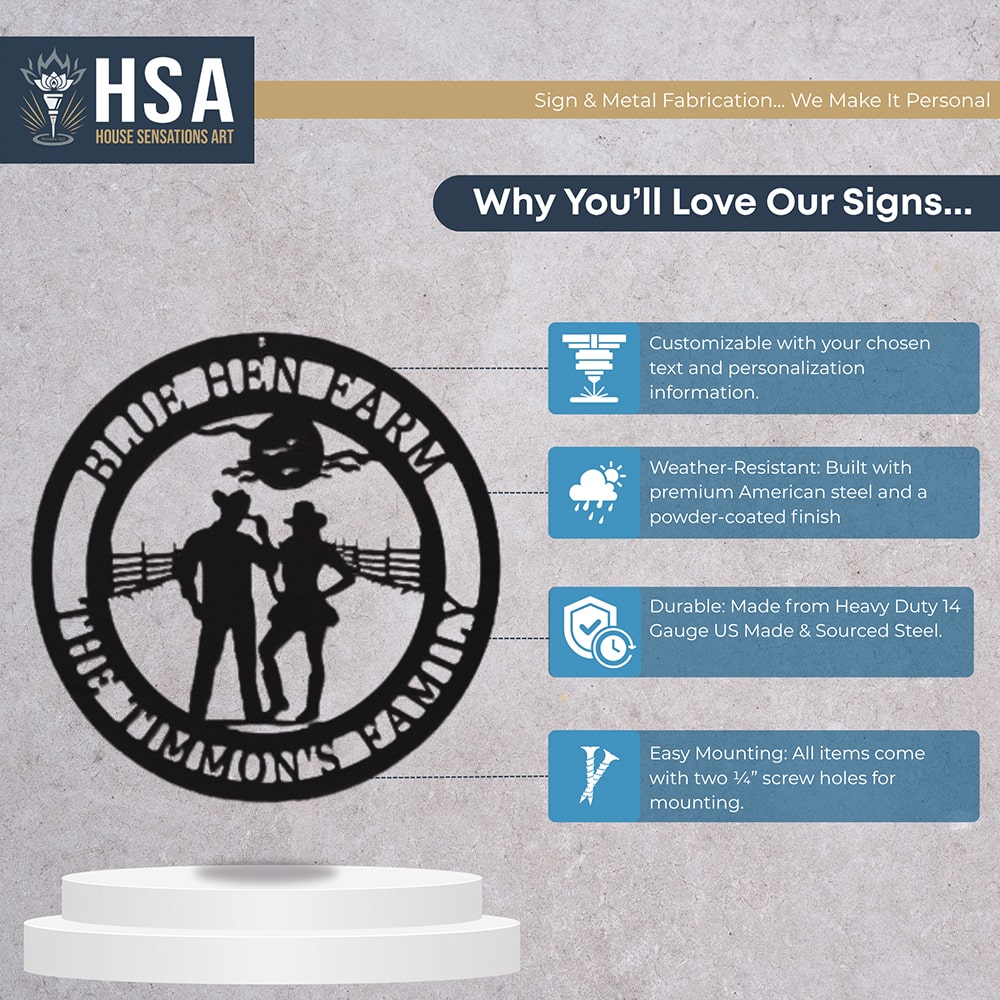 Custom metal Cowgirl sign with two-person silhouette and personalized text, infographic on gray background highlighting customization options, with HSA branding