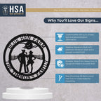 Custom metal Cowgirl sign with two-person silhouette and personalized text, infographic on gray background highlighting customization options, with HSA branding