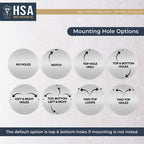 Diagram showing metal name monogram mounting hole options, notch, top, top & bottom, left & right, all sides, with HSA branding for custom wall signs