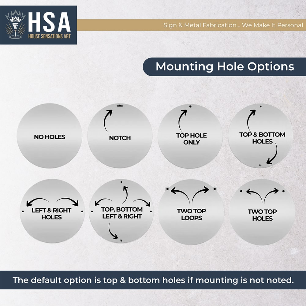 Diagram showing metal name monogram mounting hole options, notch, top, top & bottom, left & right, all sides, with HSA branding for custom wall signs