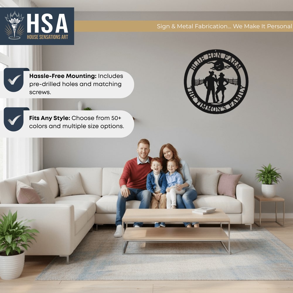 Custom metal Cowgirl family wall sign featuring two adults and a child, decorative living area centerpiece above couch, powder coated indoor wall art