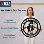 Custom metal Cowgirl sign held by woman, personalized text and design, decorative wall art, powder coated plaque with HSA House Sensations Art logo