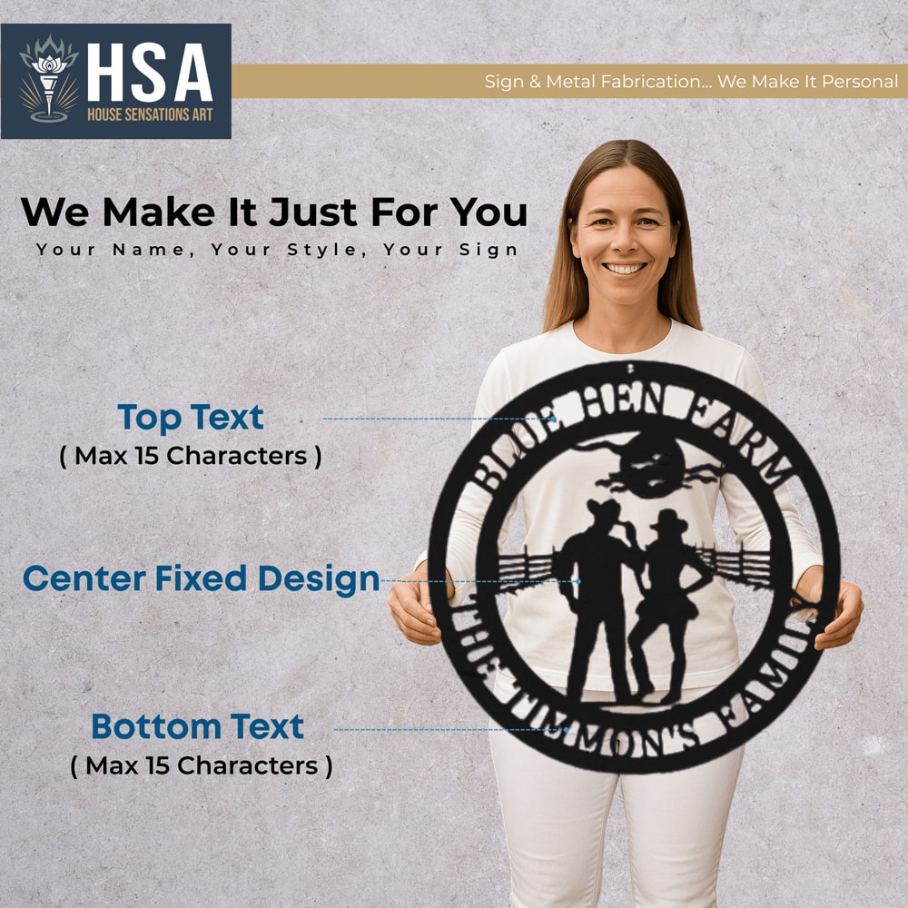 Custom metal Cowgirl sign held by woman, personalized text and design, decorative wall art, powder coated plaque with HSA House Sensations Art logo