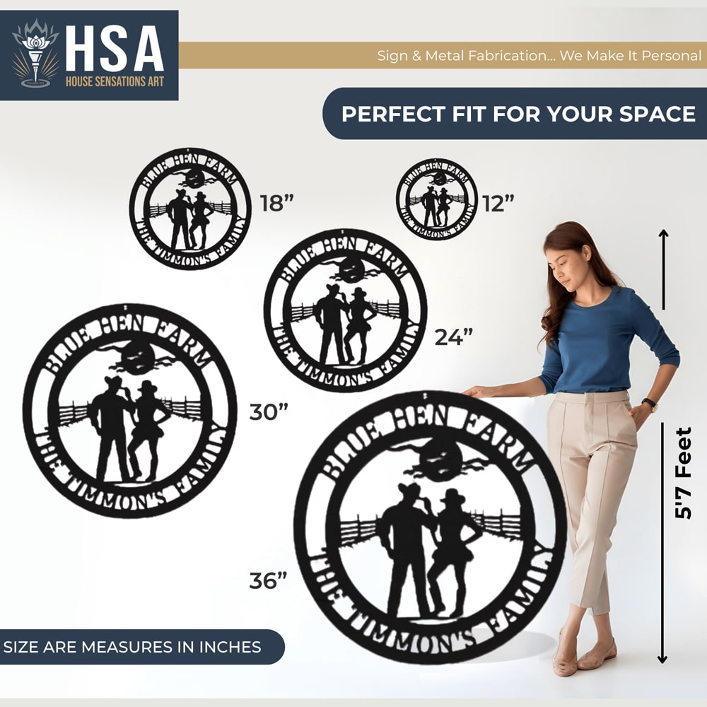 Personalized quote wall art by House Sensations Art displayed with size options 12", 18", 24", 30", and 36", shown with a woman for scale to highlight dimensions, design details, and durable metal craftsmanship.