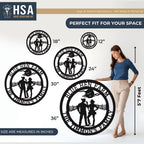 Personalized quote wall art by House Sensations Art displayed with size options 12", 18", 24", 30", and 36", shown with a woman for scale to highlight dimensions, design details, and durable metal craftsmanship.