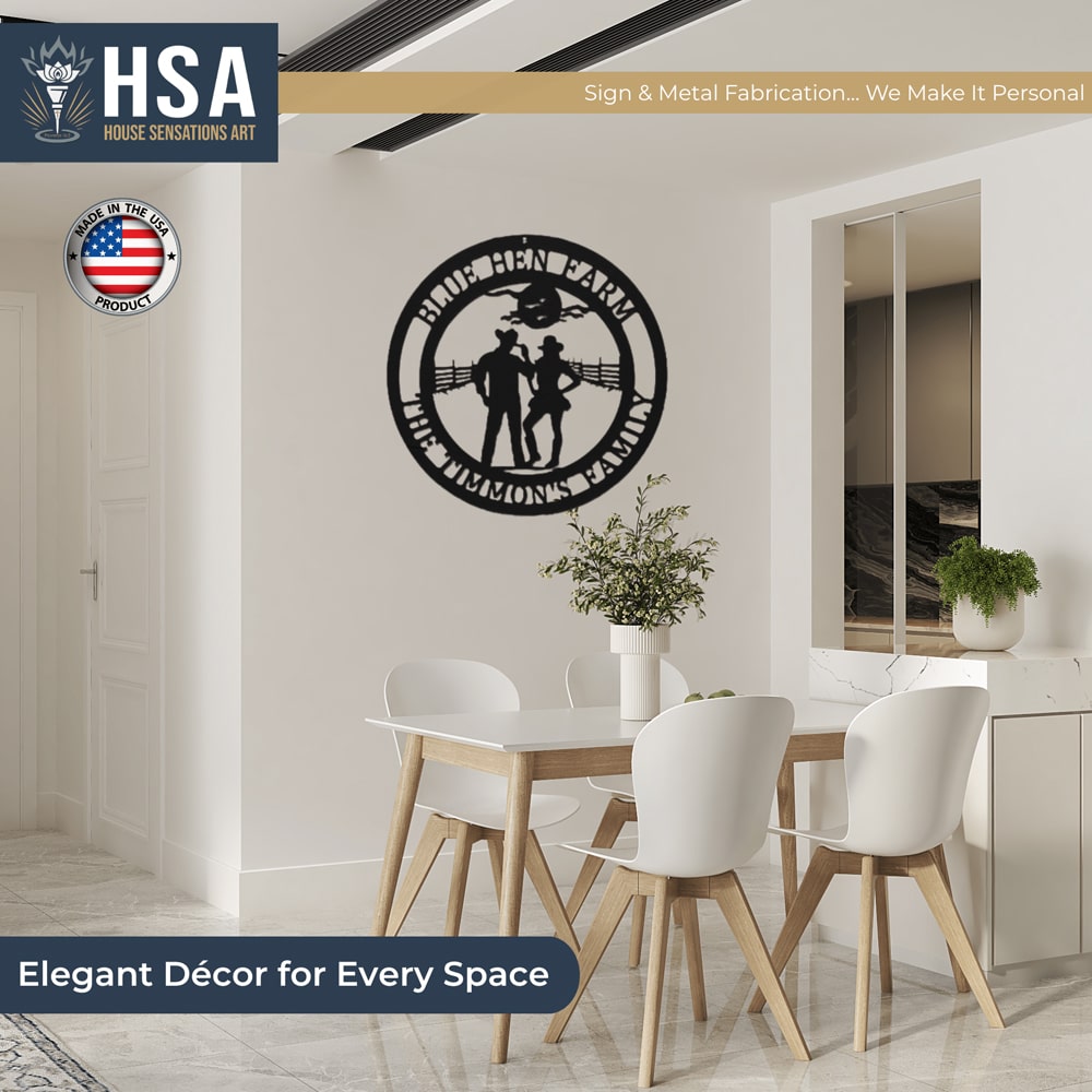 Custom metal Cowgirl wall sign featuring two people holding hands, decorative dining room centerpiece, powder coated indoor plaque with HSA logo