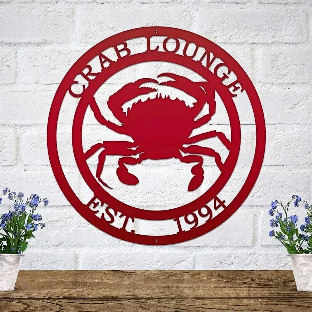 Red circular metal wall art sign with crab design, “Crab Lounge Est. 1994” cutout on white brick wall.
