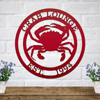Red circular metal wall art sign with crab design, “Crab Lounge Est. 1994” cutout on white brick wall.
