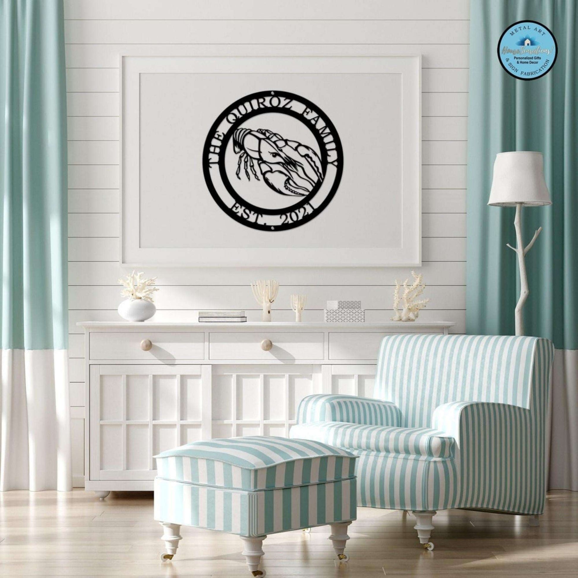 A black custom laser cut metal sign showing crawfish in center, with “THE QUIROZ FAMILY EST 2021” text, nautical room wall decor.