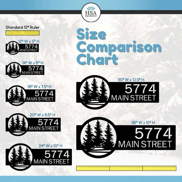 Size comparison chart of personalized metal address signs with tree design and “5774 Main Street” text, featuring HouseSensationsArt branding