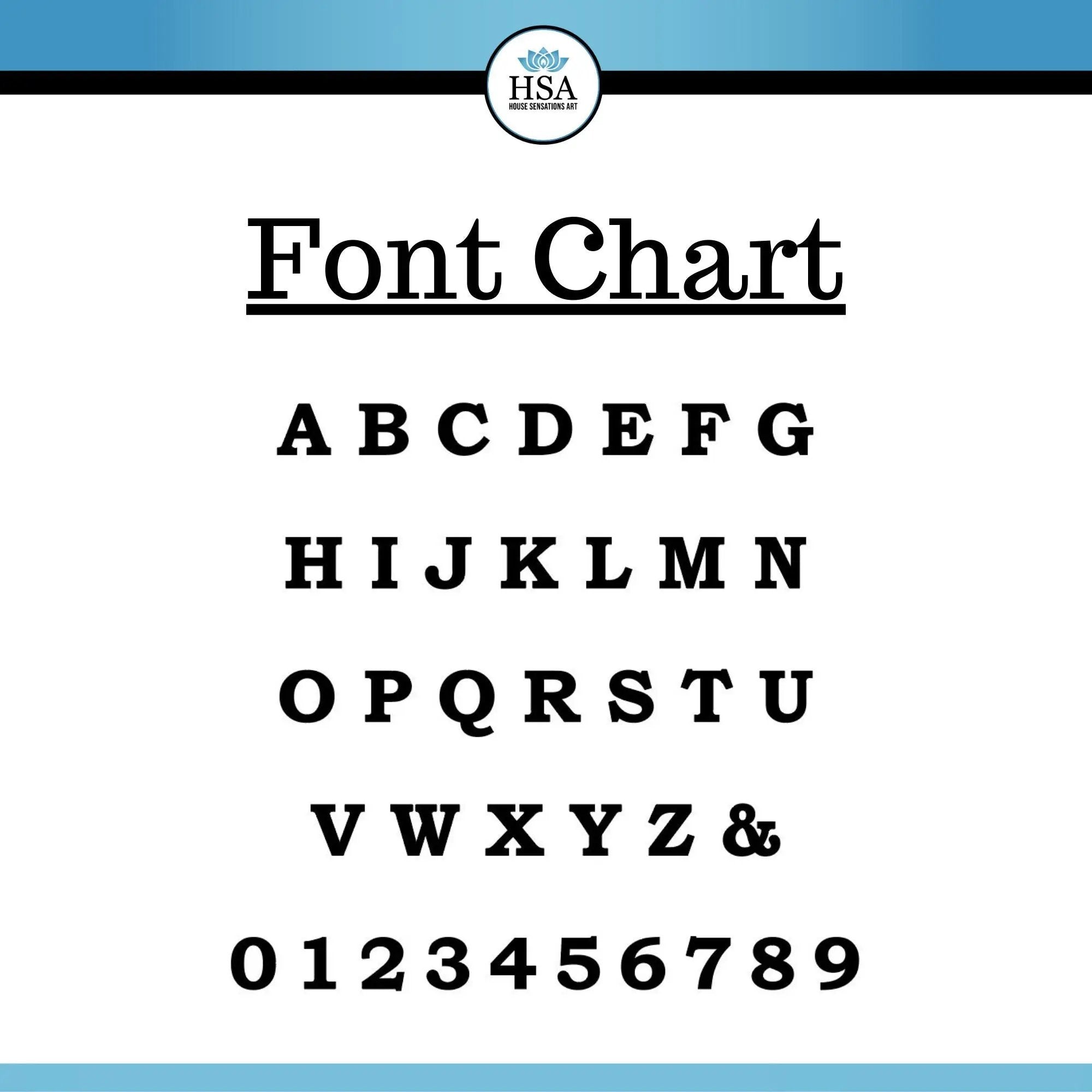 Font chart displaying letters A–Z and numbers 0–9 on a blue and white background for custom metal signs, house numbers, and personalized address plaques