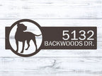 Personalized house address metal sign with dog silhouette on wooden background, front door outdoor plaque, rustic home décor