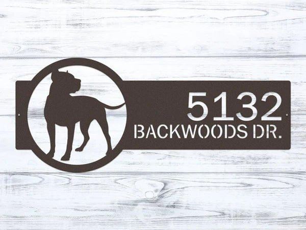 Personalized house address metal sign with dog silhouette on wooden background, front door outdoor plaque, rustic home décor