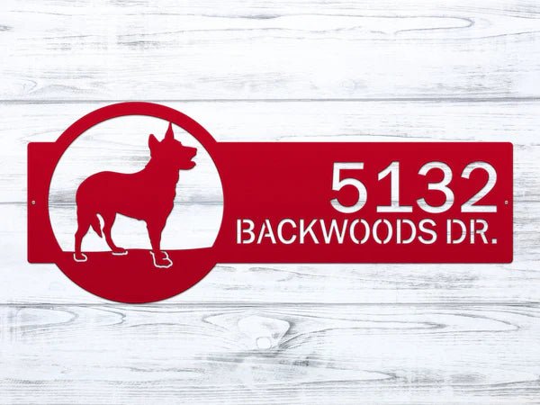 Red and white personalized house address metal sign with dog silhouette on wooden background, front door outdoor plaque, rustic décor