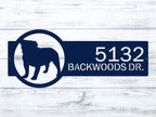 Personalized house address metal sign with bulldog silhouette on wooden background, front door outdoor plaque, rustic home décor