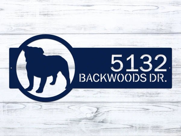 Personalized house address metal sign with bulldog silhouette on wooden background, front door outdoor plaque, rustic home décor