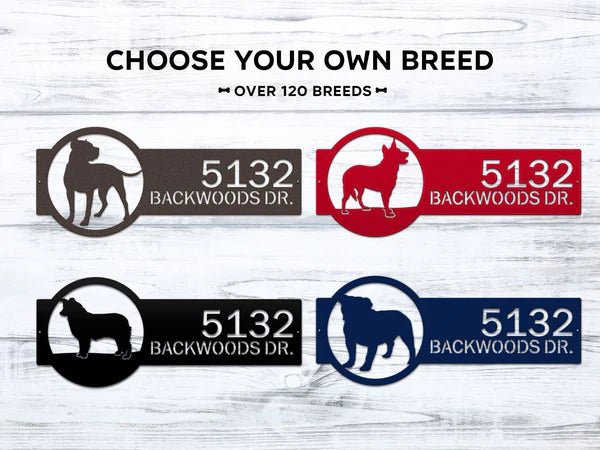 Set of four personalized house address metal signs with dog breed silhouettes, numbers, and text on white background, front door décor