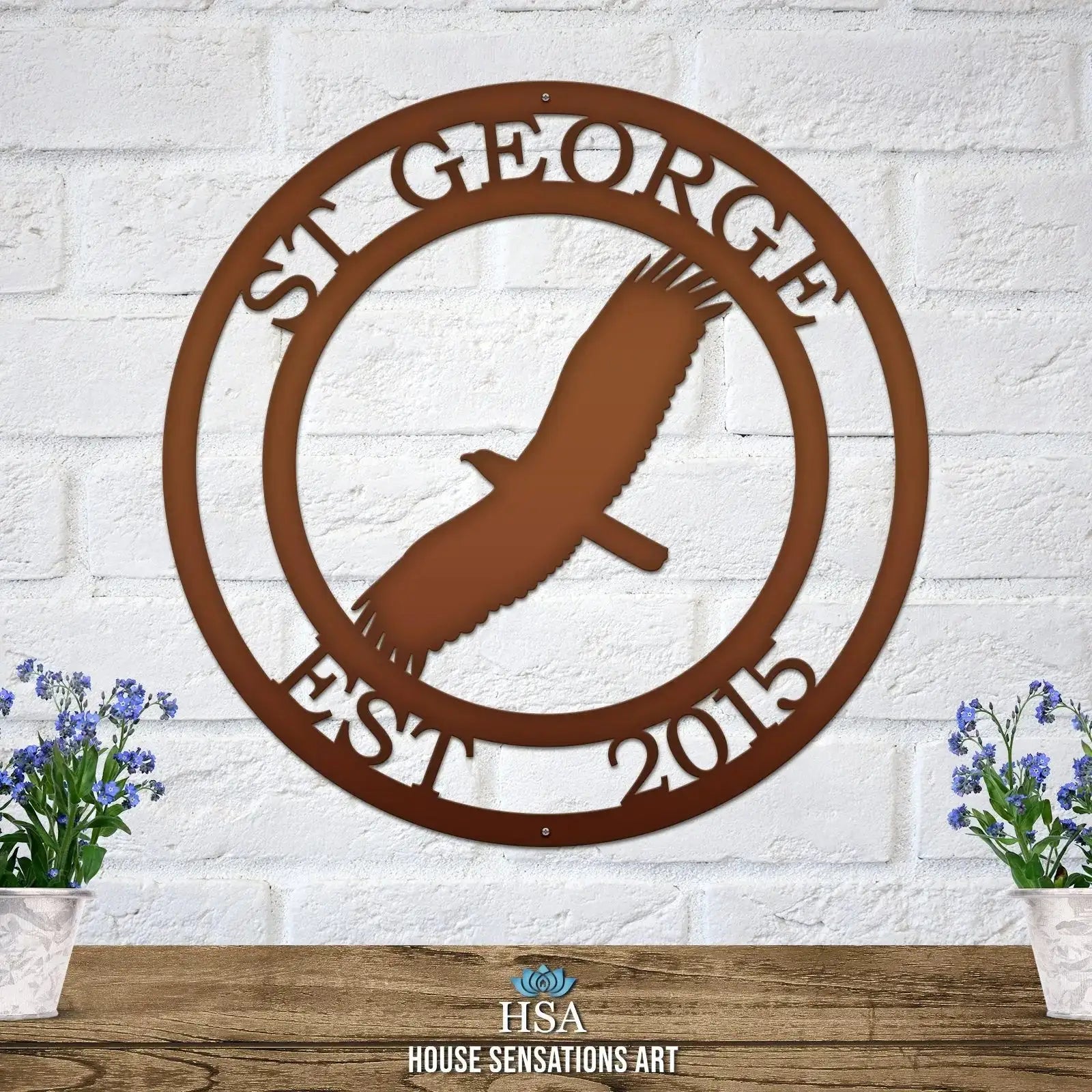 Outdoor metal sign with personalized name and flying eagle perfect for ranch cabin or man cave