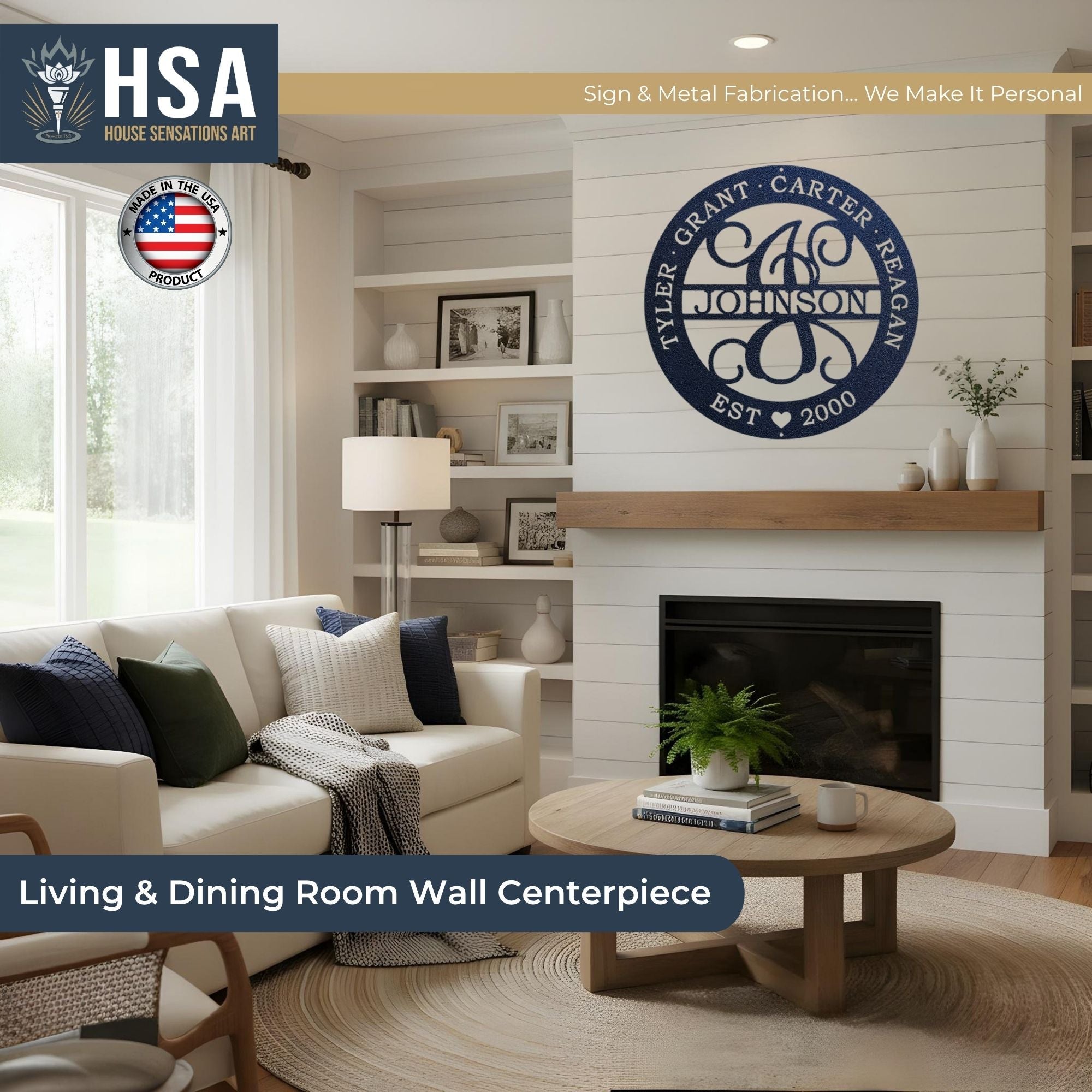 Wall-mounted decorative metal wall art in a living room featuring “Tyler Grant Carter Reagan Johnson” and HSA branding, showcasing personalized family name signage for home décor.