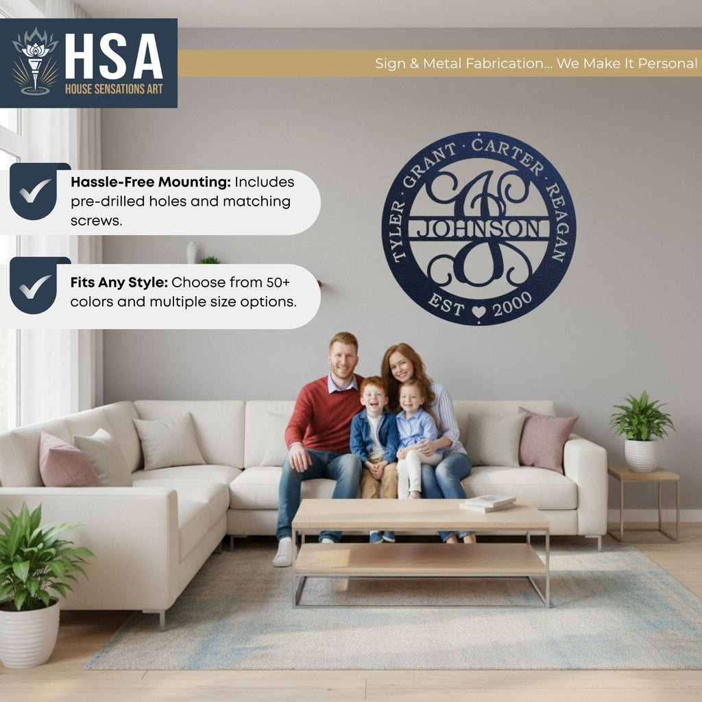 Living room scene with family on a couch, showcasing personalized decorative metal wall art with HSA branding, highlighting custom family name signage for home décor.