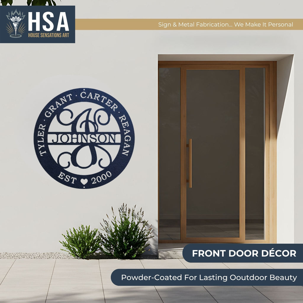 House exterior featuring a decorative metal sign with personalized design, HSA logo, and front door décor text, showcasing custom family name signage for entryways.
