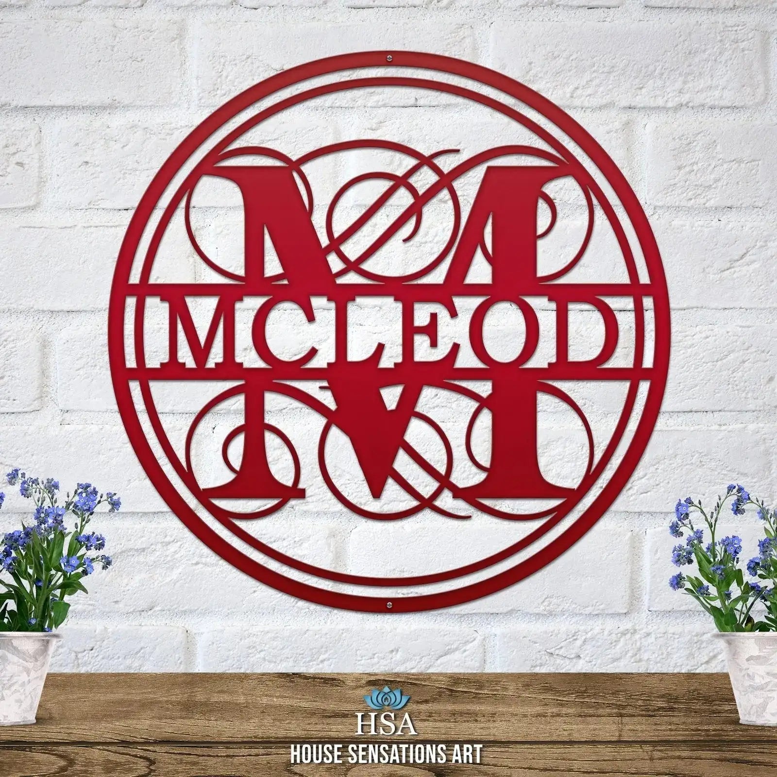 Personalized family wall decor – swirly monogram name sign in custom metal design for housewarming or gifts