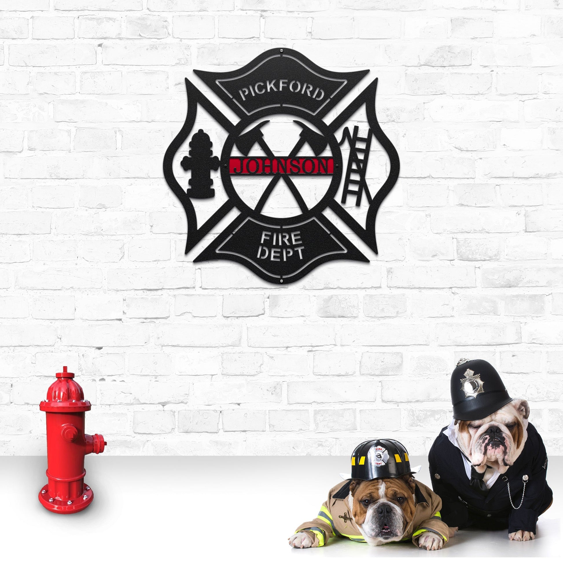 Personalized firefighter Maltese cross address sign – custom metal name sign for house or gate display.