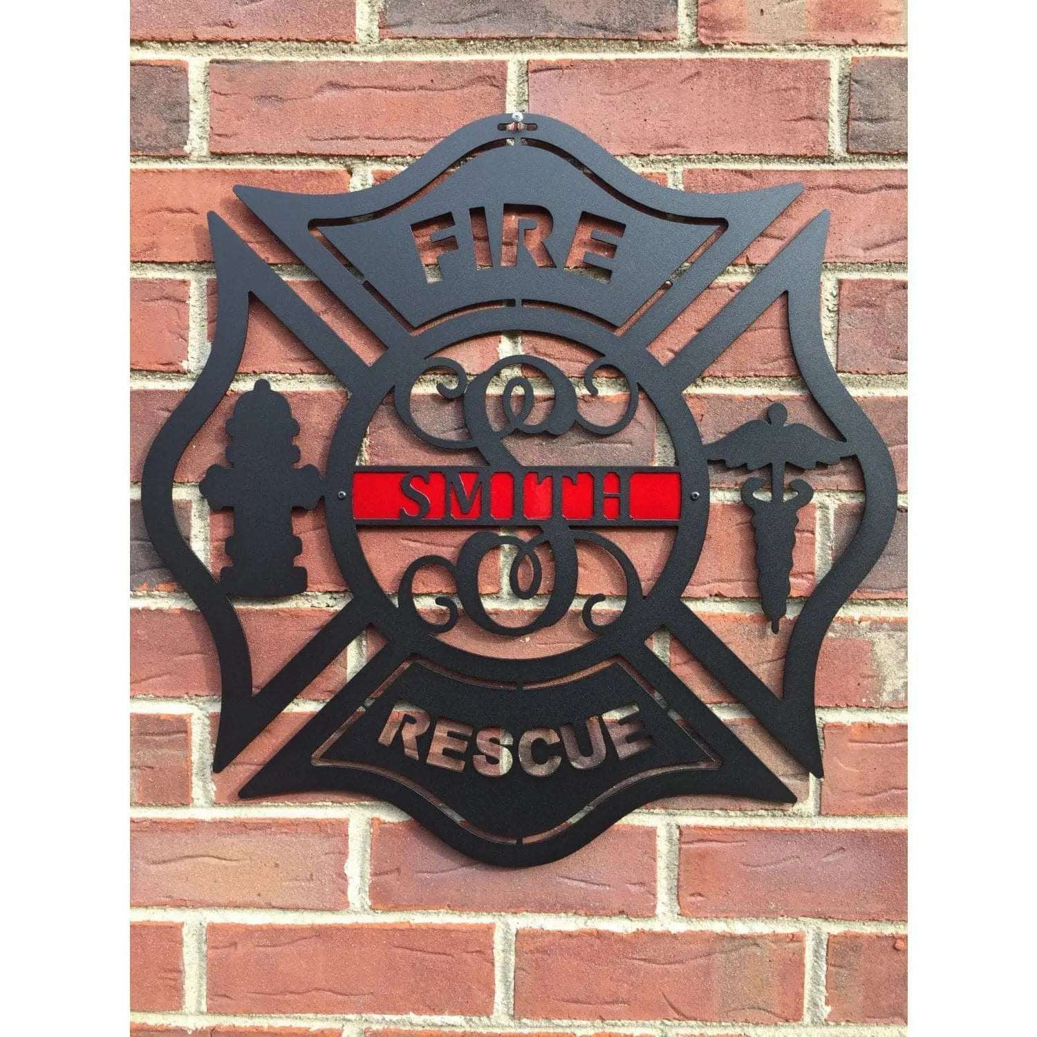Personalized fireman address plaque – Maltese cross sign with laser cut street number.