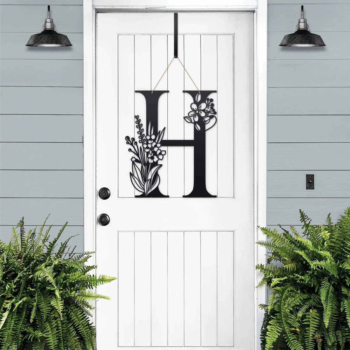 Personalized floral monogram metal door sign “H” on white door, black and white design, farmhouse entry décor, custom front door wreath style art