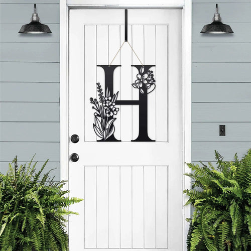 Personalized floral monogram metal door sign “H” on white door, black and white design, farmhouse entry décor, custom front door wreath style art
