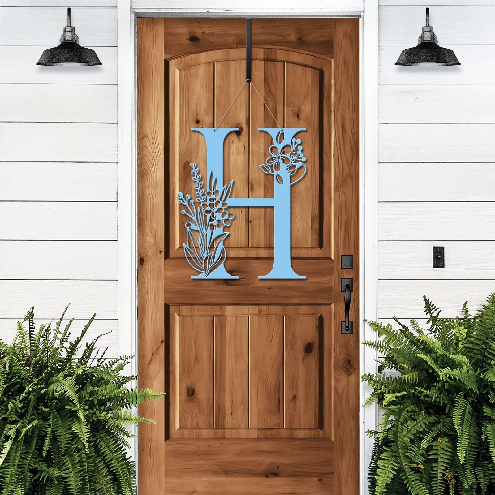 Personalized floral monogram metal door sign “H” on wood door, powder blue accent, farmhouse entry décor, custom front porch wall art