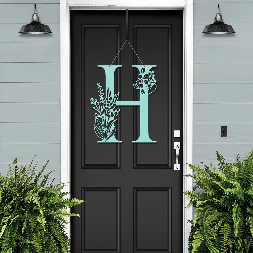 Personalized floral monogram metal door sign “H” in teal on black door, custom farmhouse entry décor, front porch wall art with greenery