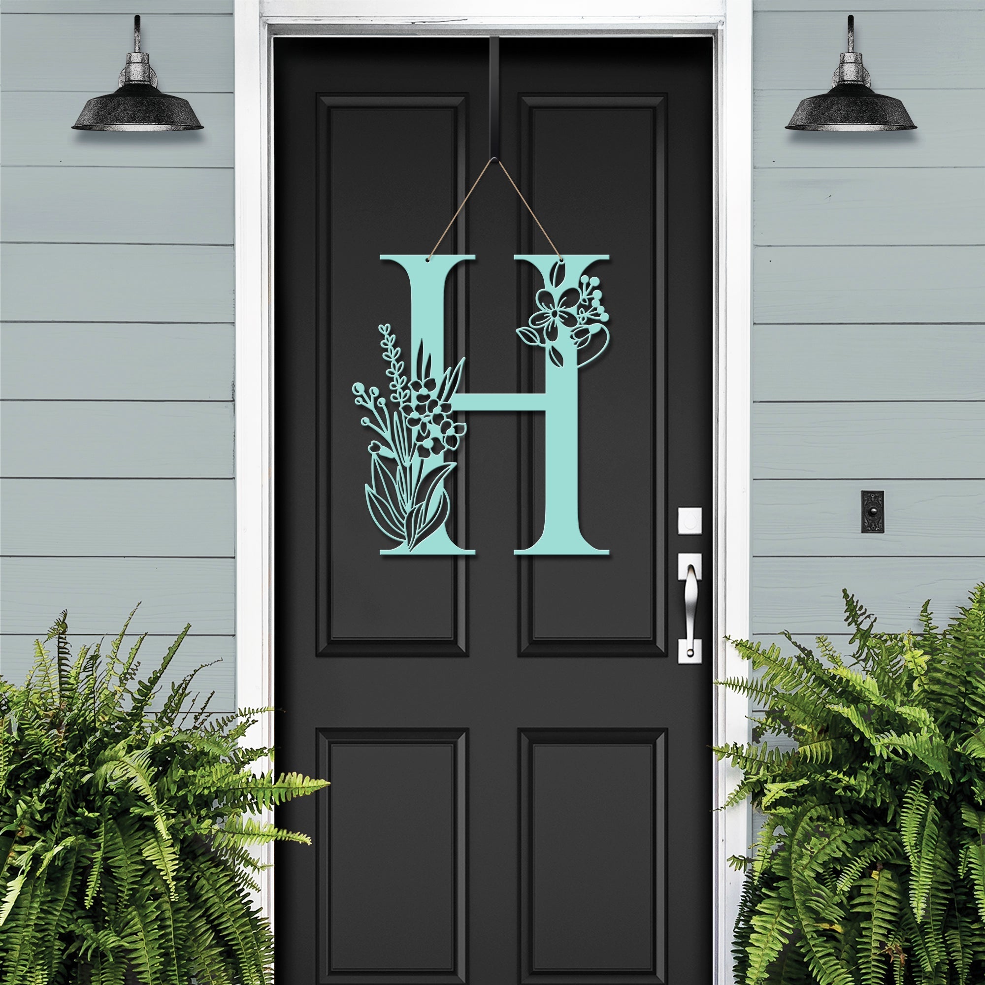 Personalized floral monogram metal door sign “H” in teal on black door, custom farmhouse entry décor, front porch wall art with greenery