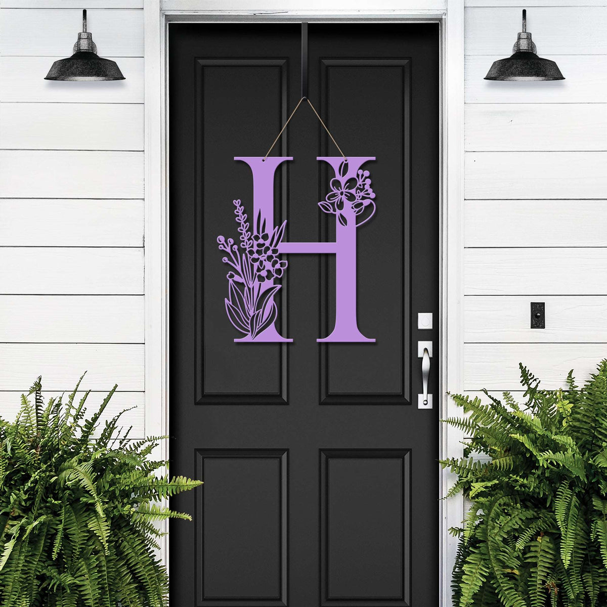 Personalized floral monogram metal door sign “H” in lavender on black door, custom farmhouse entry décor, front porch wall art, House Sensations Art style sign