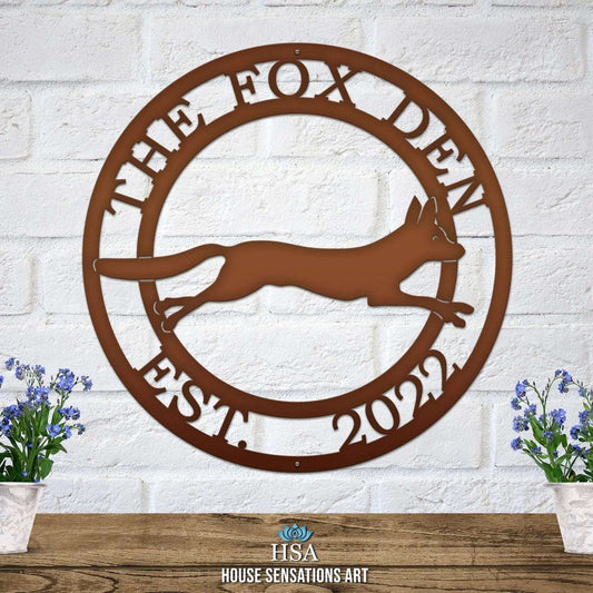 Personalized fox ranch sign with leaping fox silhouette and custom name perfect for rustic outdoor decor