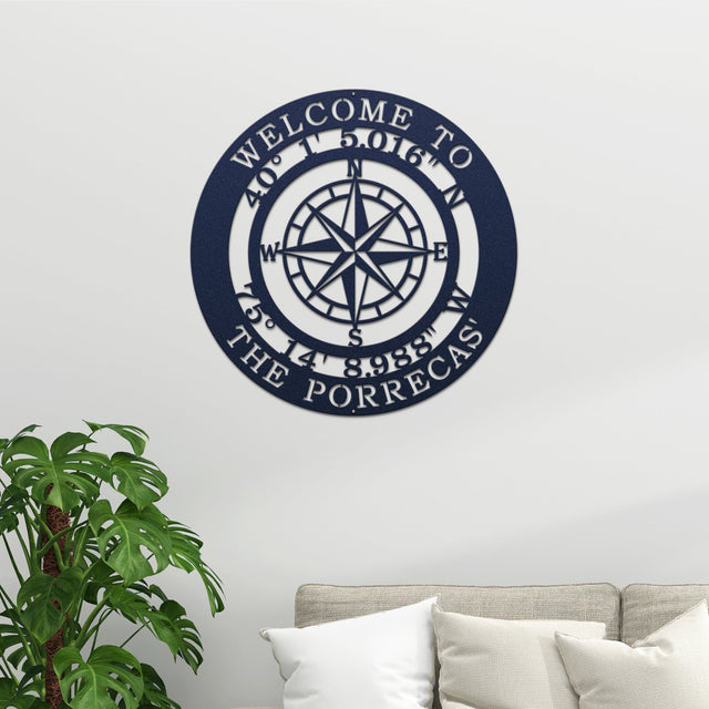 Personalized GPS Compass Metal Quote Sign - Personalized Nautical Wall Art, Family Name & Date - Indoor Outdoor Metal Decor, Housewarming or Wedding Gift for Couples Compass Sign House Sensations Art