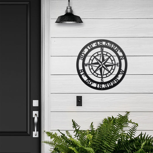 Personalized compass metal sign featuring custom GPS coordinates, perfect for front door or wall decor