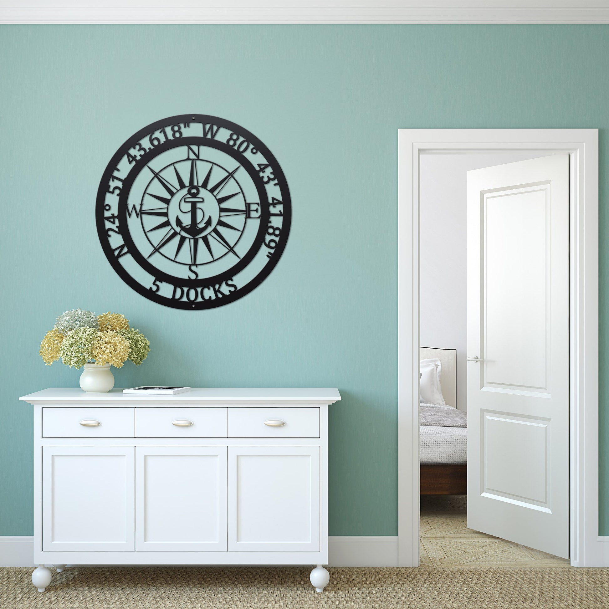Personalized GPS & Location Anchor Compass Sign - Personalized Nautical Wall Art, Family Name & Date - Indoor Outdoor Metal Decor, Housewarming or Wedding Gift for Couples Compass Sign House Sensations Art