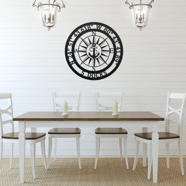 Personalized GPS & Location Anchor Compass Sign - Personalized Nautical Wall Art, Family Name & Date - Indoor Outdoor Metal Decor, Housewarming or Wedding Gift for Couples Compass Sign House Sensations Art