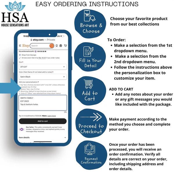 Step-by-step smartphone guide showing how to order personalized mountain metal house number signs, HouseSensationsArt
