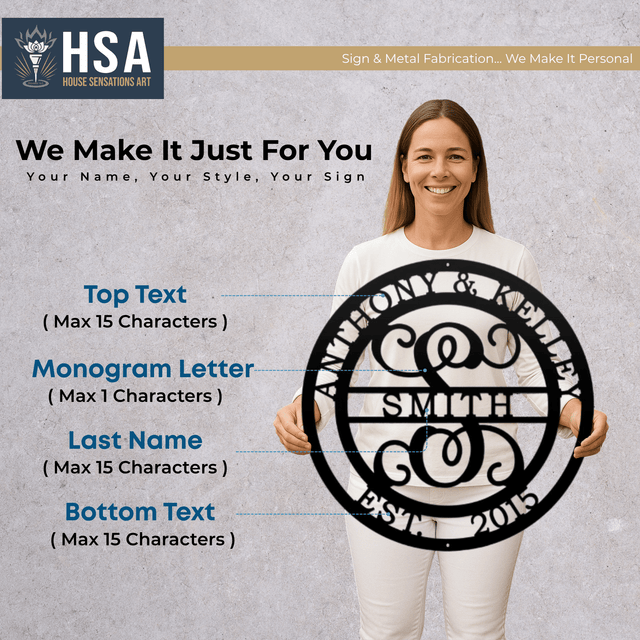 Personalized Initial Wedding Monogram Family Name Sign: Metal Anniversary Gift - HouseSensationsArt