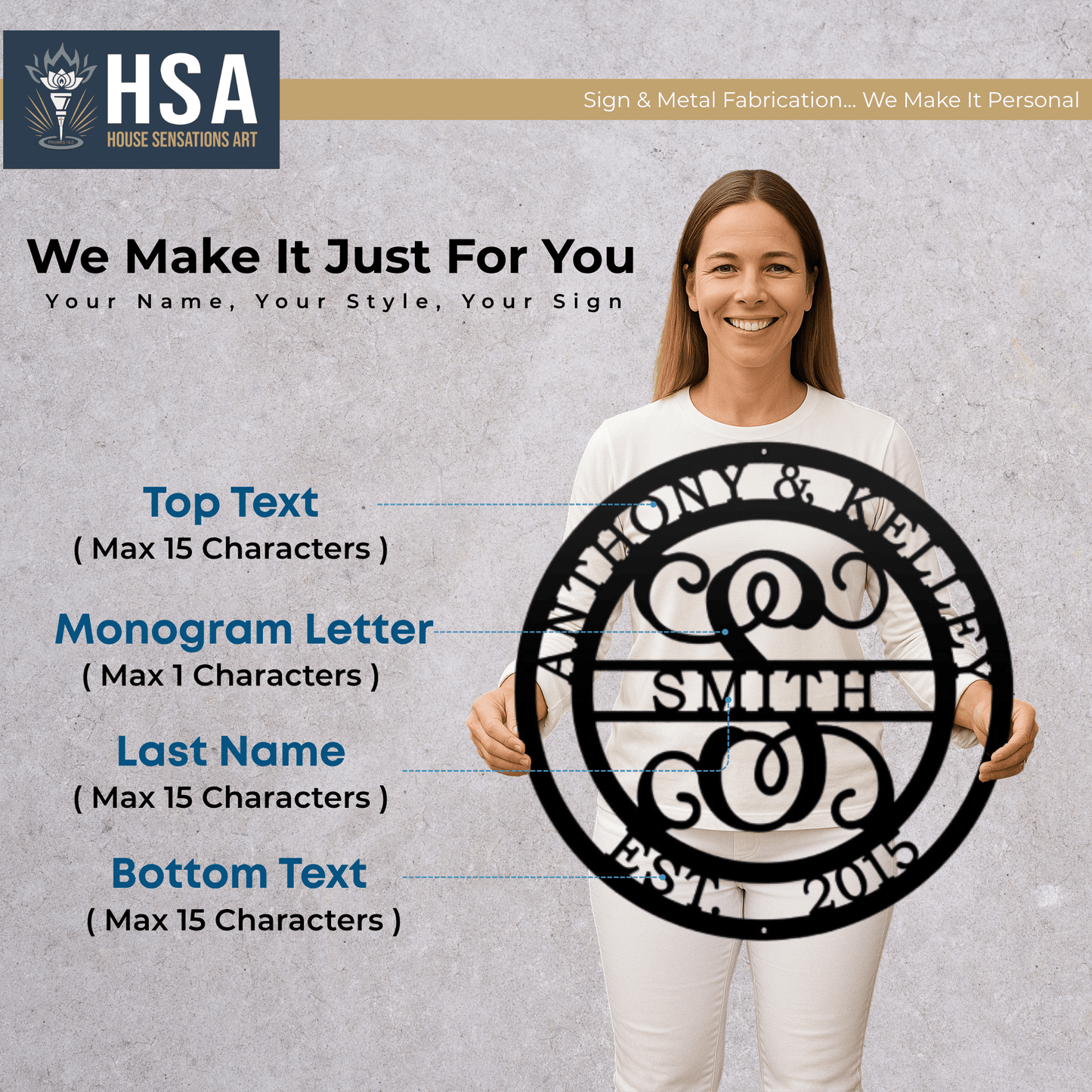 Woman displaying a customizable initial and family name metal wall décor sign for weddings or home décor, featuring HSA House Sensations Art branding, ideal for personalized gifts and indoor wall displays.