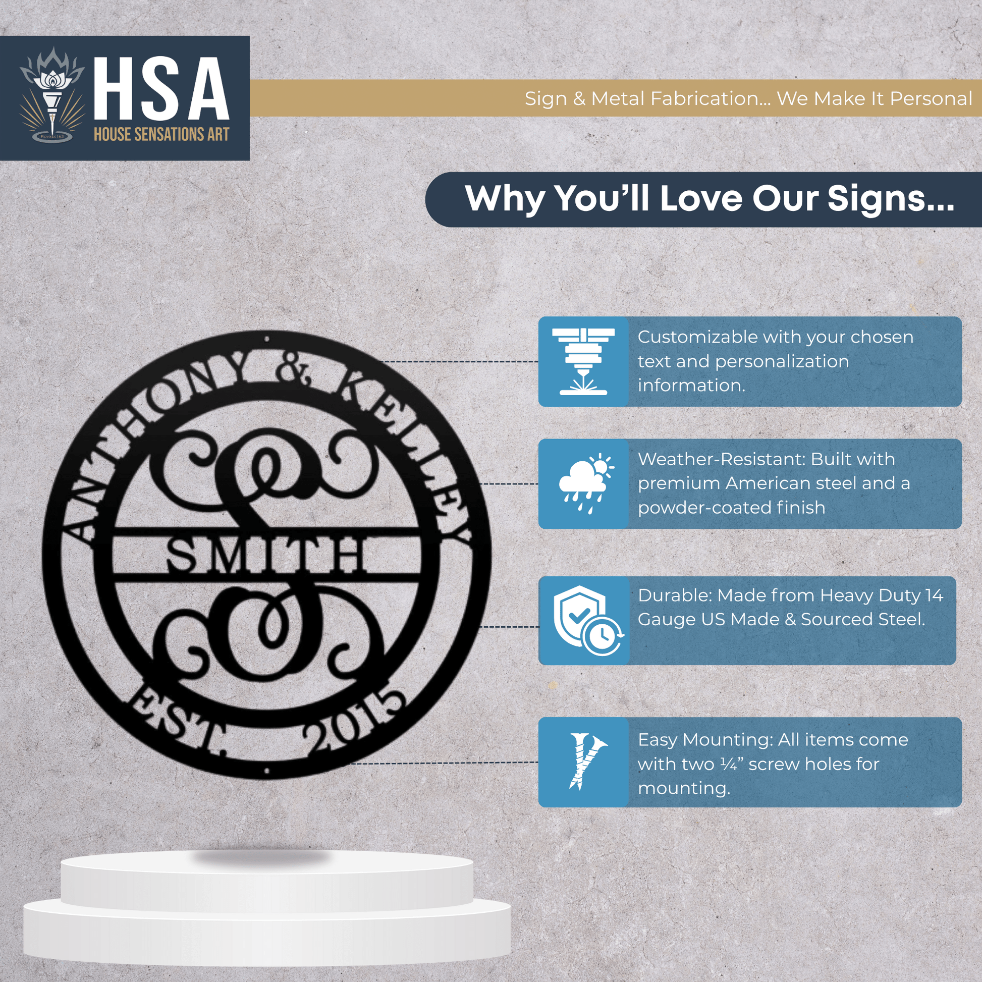 Customizable initial and family name metal wall décor for weddings or home décor, displayed on a gray background, featuring HSA House Sensations Art branding, ideal for personalized gifts and indoor wall displays.