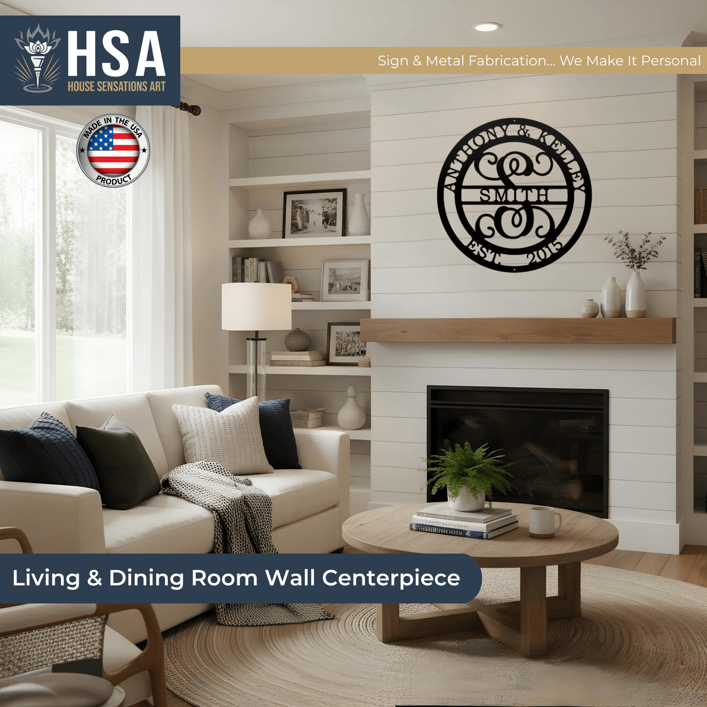 Living room showcasing a customized initial and family name metal wall décor for weddings or home décor, featuring HSA House Sensations Art branding, ideal for personalized gifts and indoor wall displays.
