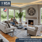 Living room with a family gathered, featuring a fireplace, large windows, and a metal wall art displayed on the wall, creating a warm, inviting, and branded home environment.