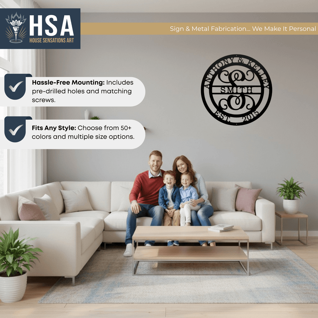 Living room scene with family on a couch, showcasing a customizable initial and family name metal wall décor for weddings or anniversaries, featuring HSA House Sensations Art branding, ideal for indoor home décor and personalized gifts.