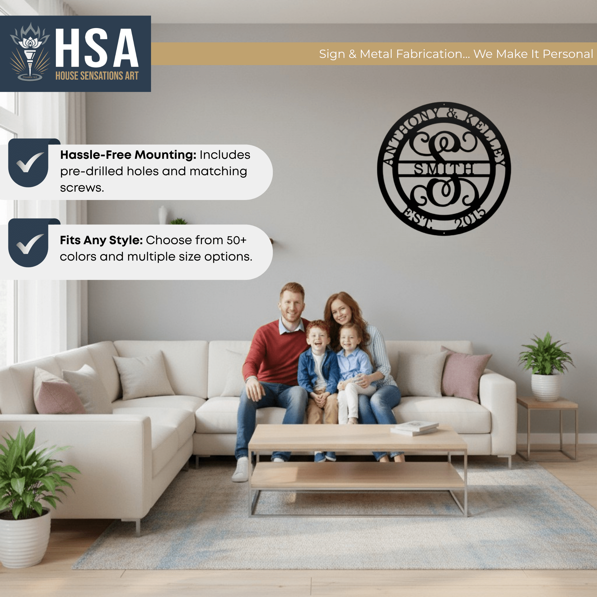 Living room scene with family on a couch, showcasing a customizable initial and family name metal wall décor for weddings or anniversaries, featuring HSA House Sensations Art branding, ideal for indoor home décor and personalized gifts.