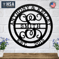Personalized initial and family name metal wall décor for weddings or home décor, featuring “Anthony & Kelley Smith” on a white brick wall, ideal for indoor displays and custom anniversary or wedding gifts by HSA House Sensations Art.