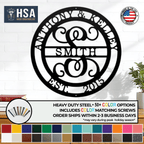 Personalized initial and family name metal wall décor for weddings or anniversaries, featuring customizable names and year, with HSA House Sensations Art branding, ideal for indoor home décor and custom anniversary gifts.