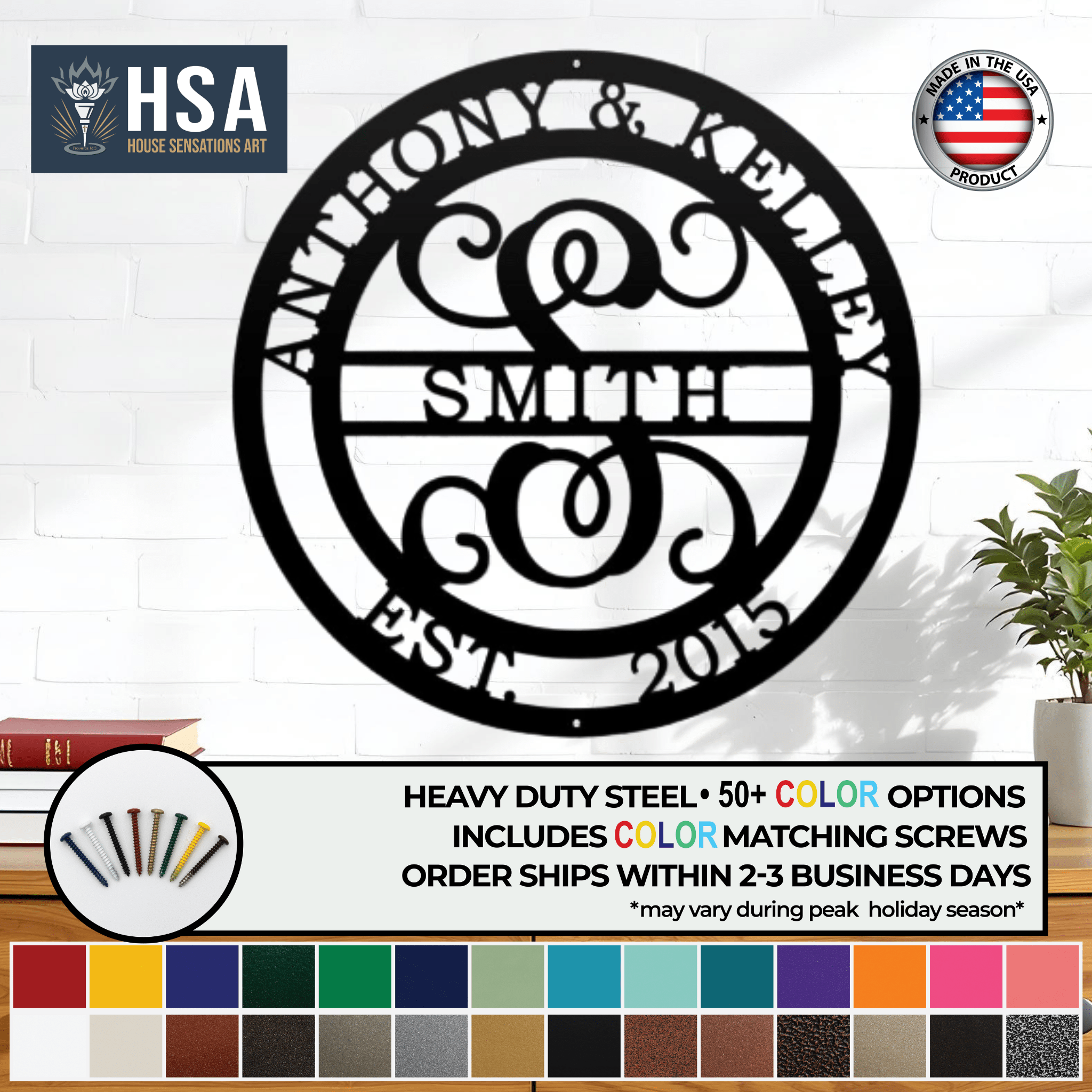 Personalized initial and family name metal wall décor for weddings or anniversaries, featuring customizable names and year, with HSA House Sensations Art branding, ideal for indoor home décor and custom anniversary gifts.